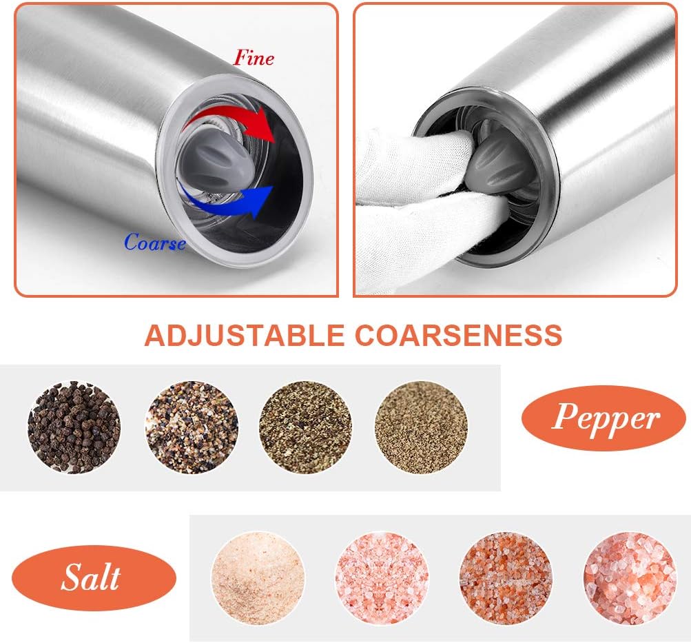 Gravity Salt and Pepper Grinder Set, Battery Powered Stainless Steel Electric Salt Mill, Automatic Adjustable Coarseness Portable Spices Shaker with light for Kitchen Restaurant Picnic