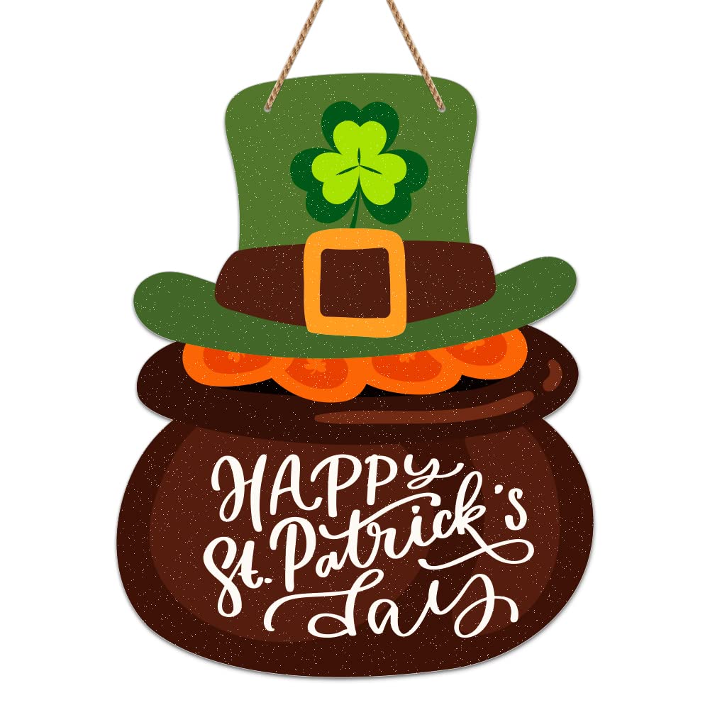 D4DREAM St Patricks Day Decoration 9.3"x 11.8" Happy St. Patrick's Day Gold Pot Door Sign for Front Door St. Patrick's Day Porch Door Wreath Hanger