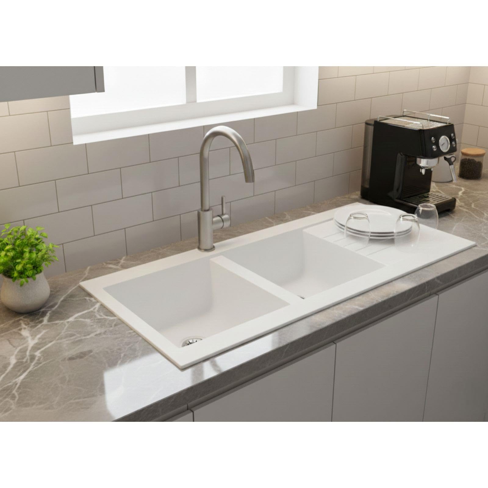 LD2WH - Fregadero de cocina 2 senos con escurridor reversible – Composite blanco – Empotrable – 116 x 50 x 20 cm