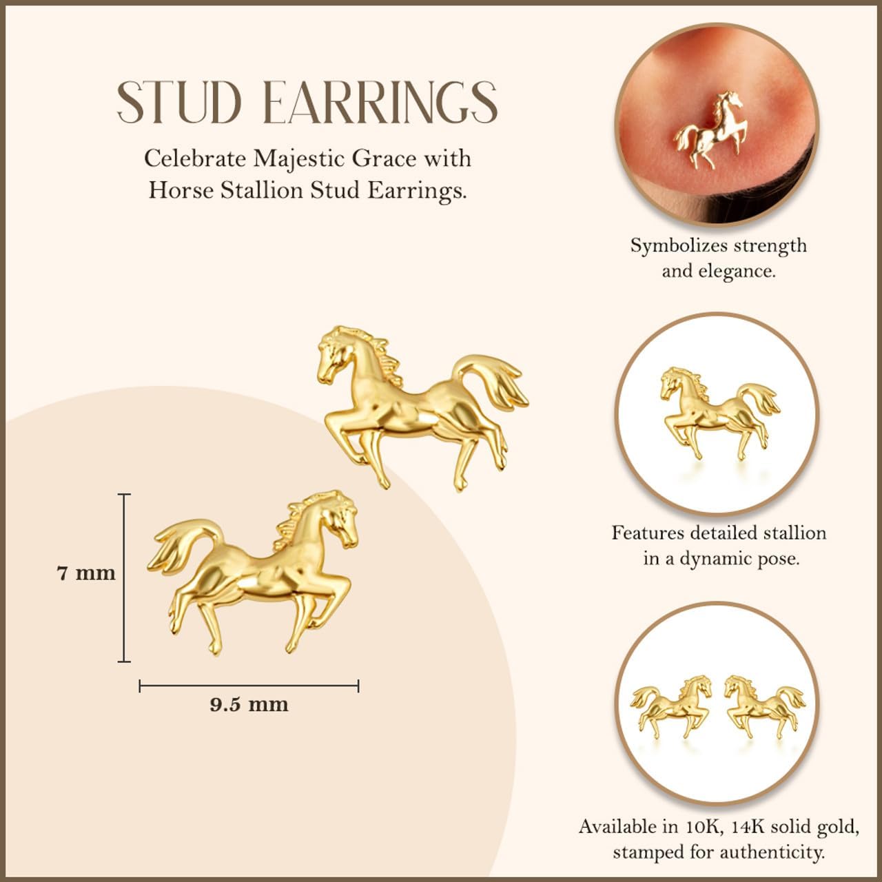 Claddagh Gold 10K & 14K Yellow Horse Stallion Stud Earrings - Image 3