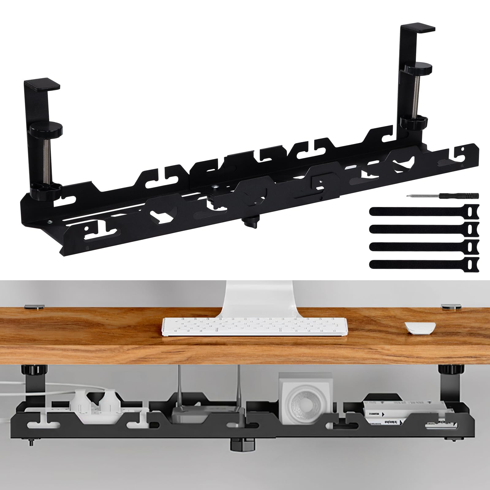 Under Desk Cable Management Tray Wire Management No Drill 17.5inch-28.3 inch Retractable Desk Cable Tidy for Office and Home Keep Cable Tidy Black