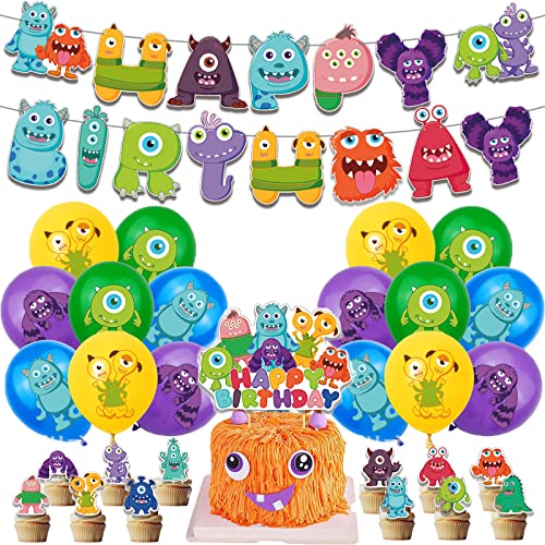 30 Stück Monster Party Luftballons Deko, Monster Party Kindergeburtstag Deko, mit Monster Alles Gute Zum Geburtstag Banner, Monster Kuchendeckel, für Kinder Geburtstags Dekoration Cover