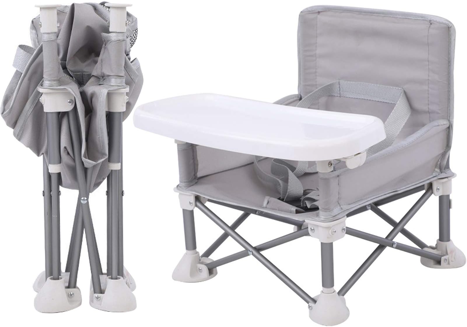 U HOOME Travel Booster Seat with Tray for Baby | Folding Portable High Chair for Eating, Camping, Beach, Lawn, Grandma’s | Tip-Free Design Straps to Kitchen Chairs - Go-Anywhere High Chair-Grey