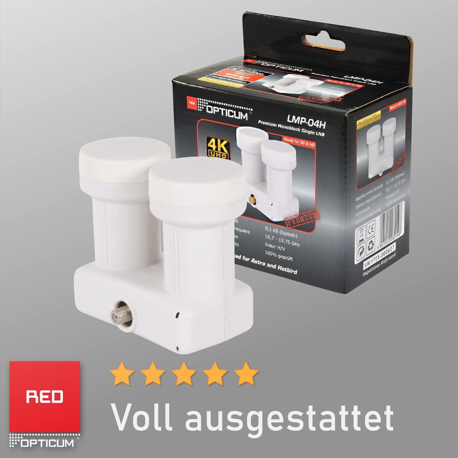 RED OPTICUM LMP 04H Monoblock Single LNB 0.1dB - LNB double tête pour 1 abonné & 2 satellites avec DiseqC intégré - LNB monobloc Astra Hotbird y compris douille de protection contre les intempéries
