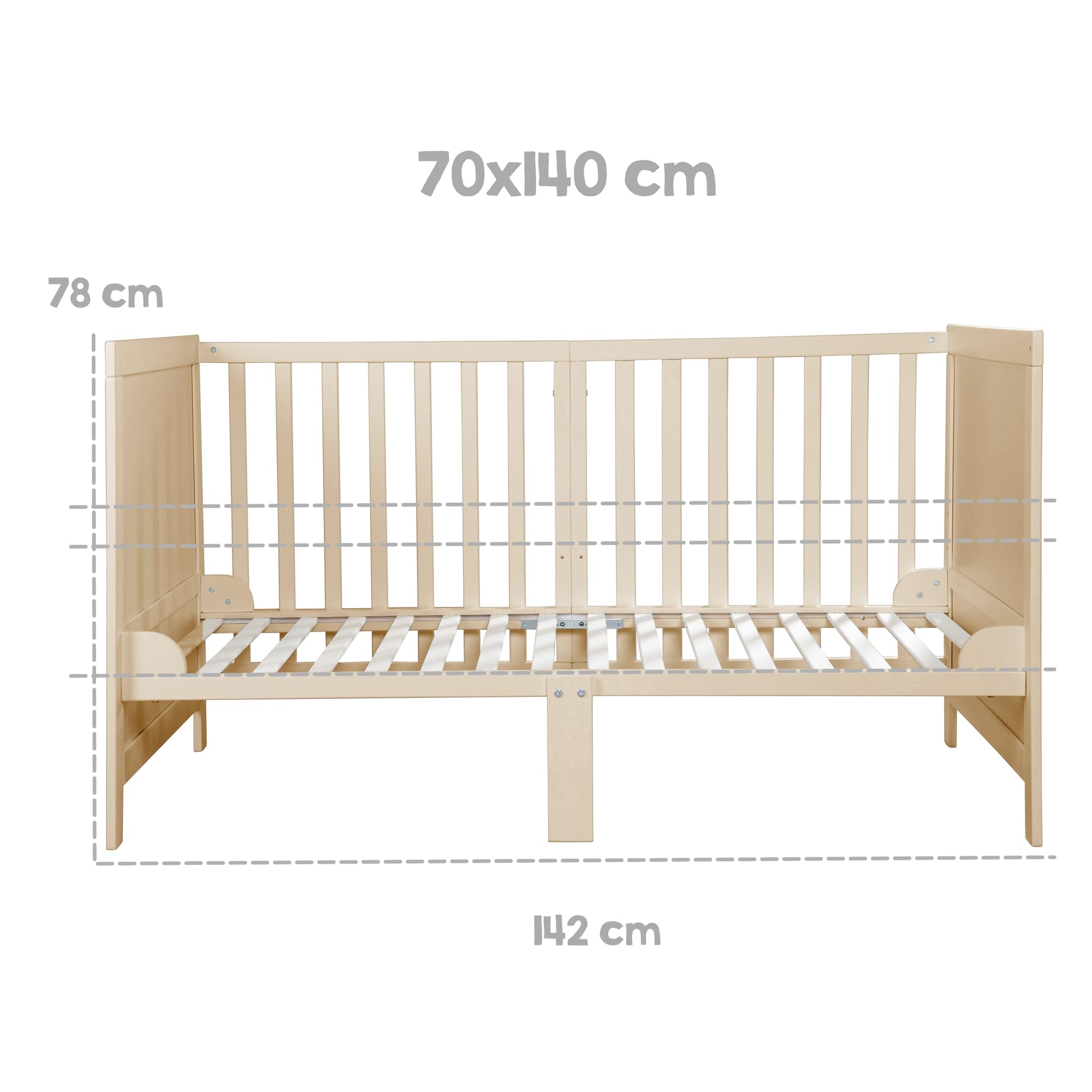 roba łóżeczko dziecięce EASY SLEEP 70 x 140 cm w zestawie z elementami do przebudowy - rosnące łóżeczko ze szczebelkami, 3-stopniowa regulacja wysokości - 3 wyjmowane szczebelki - drewno naturalne