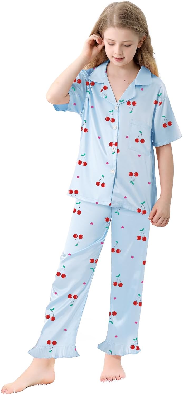 Umeyda Girls 3 Pieces Pajamas Sets Silk Satin Ruffle Sleepwear Short Sleeve Button-Down 3Pjs Nightwear, 5-14 Years - Image 5