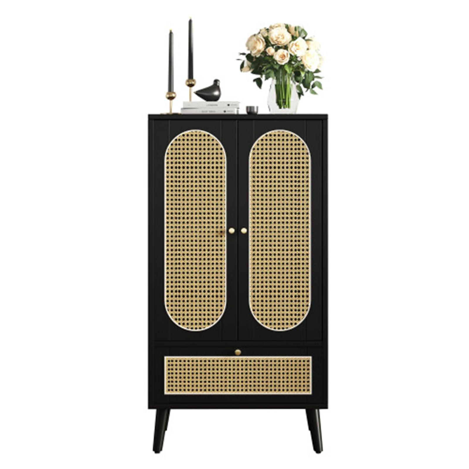 Credenza in Rattan Nero, Piccolo Mini Mobile da Ingresso, Mobile Verticale con più Vani Portaoggetti, Adatto per Soggiorno, Camera da Letto, Corridoio