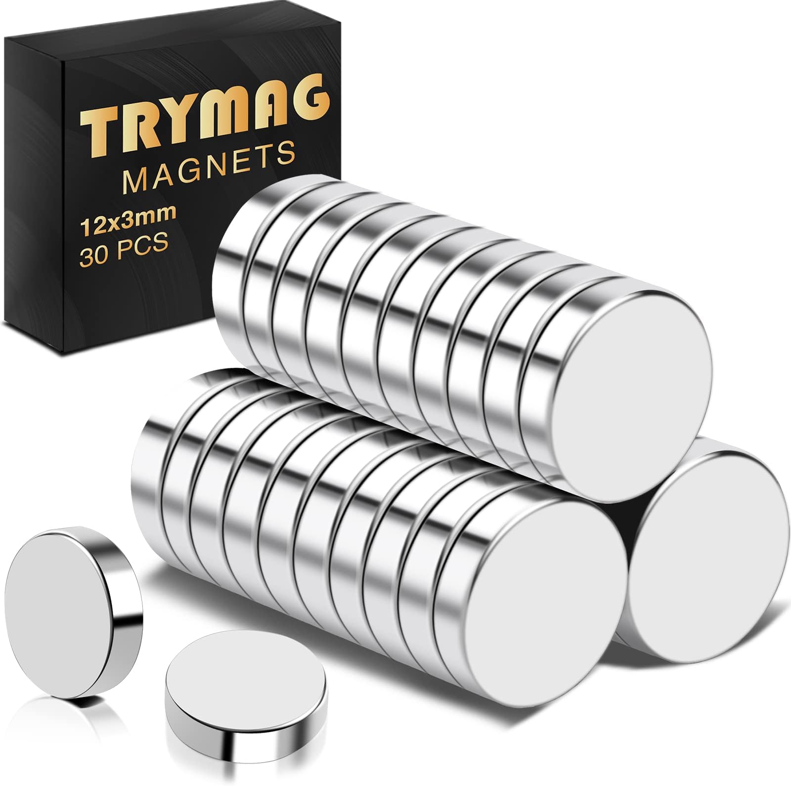 TRYMAG 12x3mm 30Pcs Rare Earth Small Round Fridge Magnets for Whiteboard, Mini Neodymium Locker Magnets for Crafts, Whiteboard, Scientific Models, School