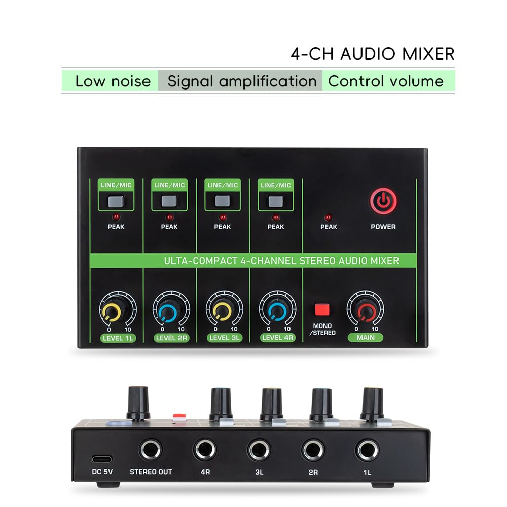 Audio-Mischpult, 4-K-Mikrofon, Stereo-Mischer mit geringem Rauschen, LINE/MIC-Modusschaltung, Typ-C-Netzteil für Mikrofone mit
