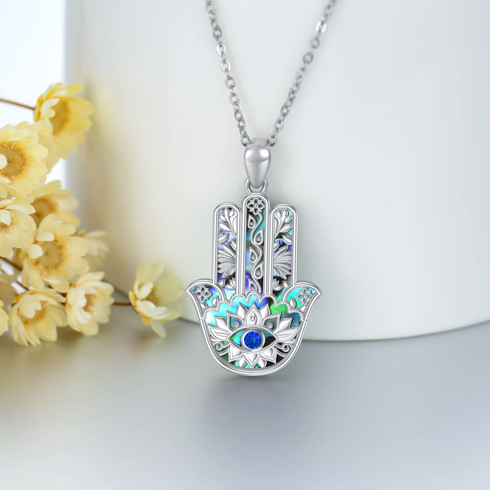 VONALA Collar de mal de ojo de plata de ley 925, joyería de mano de hamsa para mujeres y niñas, MIDDLE, Plata esterlina, Circonia cúbica