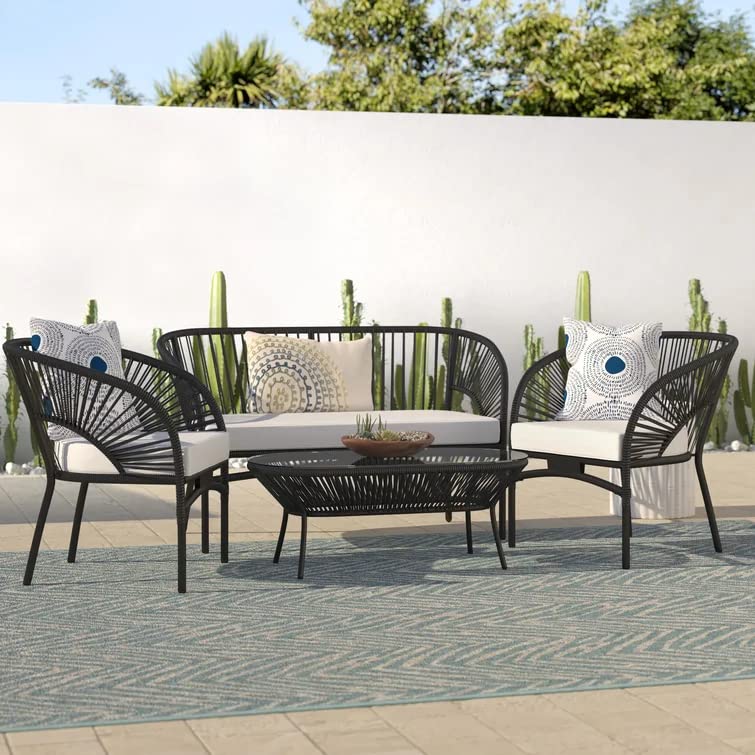 Image of DEVOKO Outdoor Patio 4 Piece Rope Garden Sectional Conversation Set with Glass Top Table for Backyard, Pool, Terrace, Deck (Black & White)
