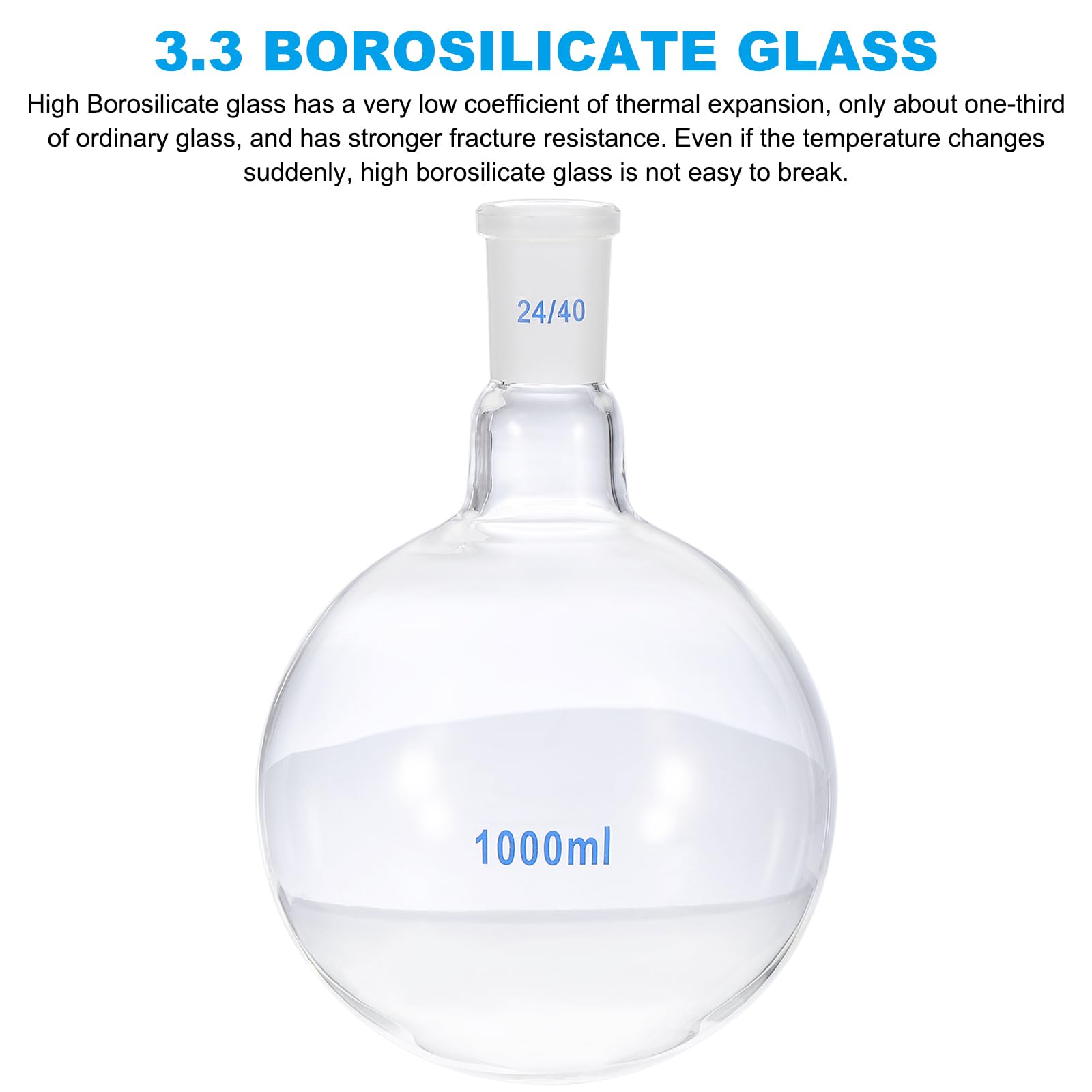 PATIKIL Pallone Da Laboratorio 1000ml In Vetro Borosilicato 3.3 A Collo Singolo A Fondo Tondo Con Giunto Standard Smerigliato 24/40 Per Laboratorio, Trasparente