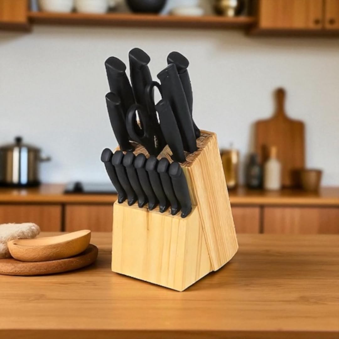 PARENCE.- Juego de cuchillos de cocina de 14 piezas con bloque de madera - hojas de acero inoxidable revestido de negro, cuchillo de chef, pan, bistec + tijeras