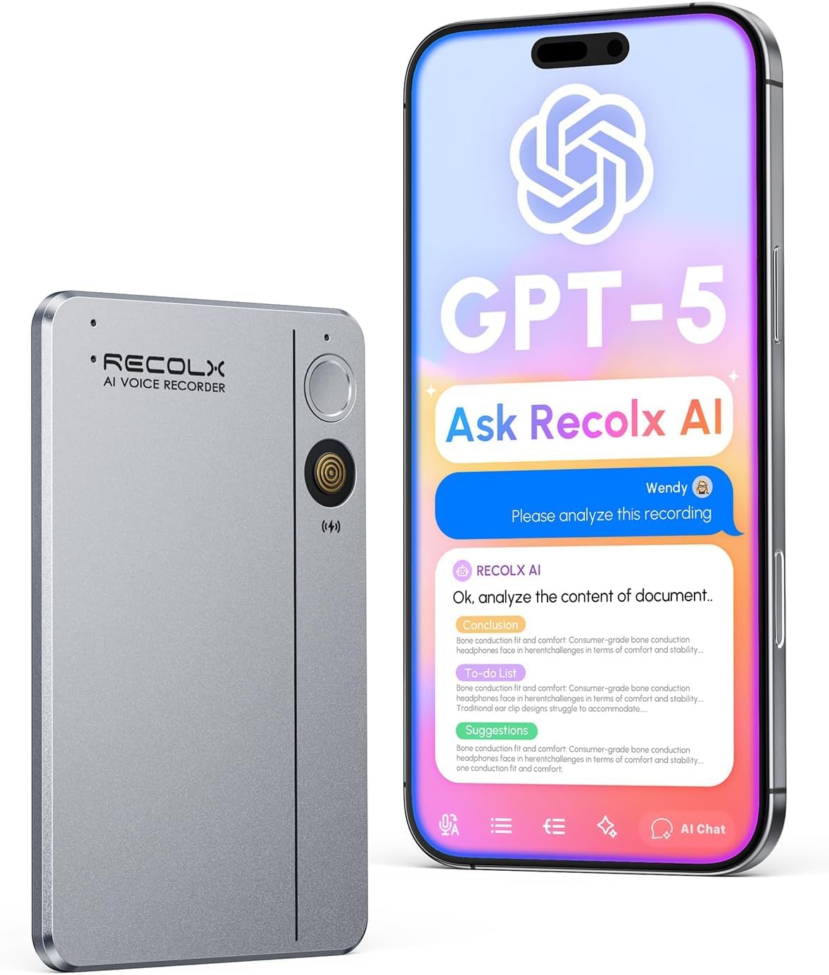 RECOLX AI Voice Recorder, App Control, Transcribe & Summarize, Deep AI Analysis, Transcribe & Summarize, App Control, 64GB Memory Record Anytime, Meetings, Work, Lectures, 112 Languages,Grey-image-29