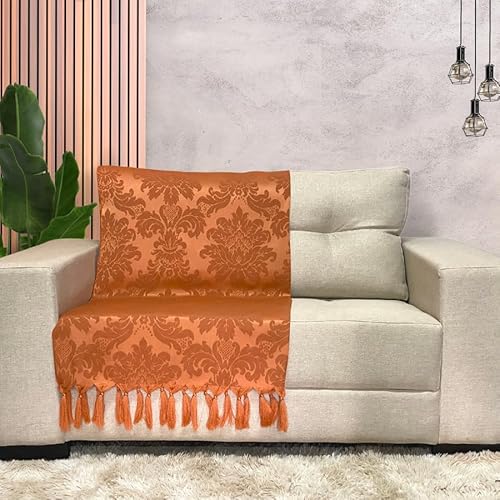 Jogo Manta Xale para Sofá Artesanal com Franjas Grande 3 Metros e 4 Capas de almofadas (149 TERRACOT