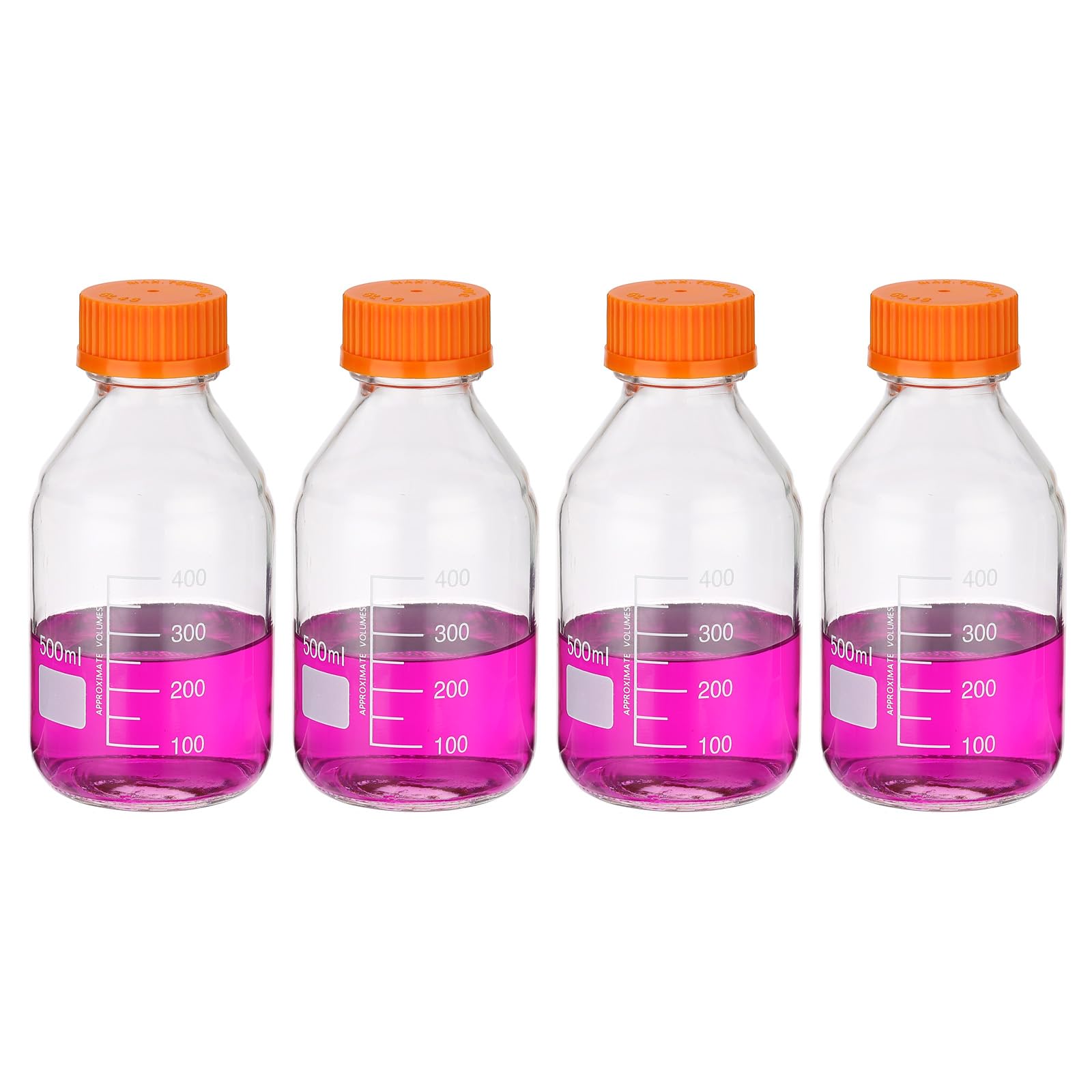 PATIKIL 4 Pack Flacons De Stockage Pour Milieux Réactifs, 500ml Bouteilles Graduées En Verre Borosilicaté Avec Bouchon Visse Orange GL32 Pour Liquides Réactifs De Laboratoire, Transparent