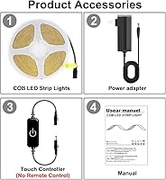 Vista 2 de Tira de LED COB, Tira de Luces LED 1M/3.28ft, Tiras LED Regulables por Toque, CRI90+, Luz COB LED Blanca Cálida 2700K, 960LEDs, Tira de Luces LED