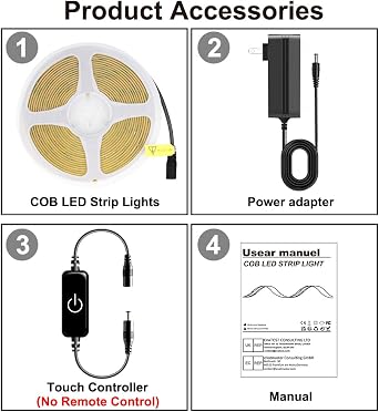 COB LED Strip Light 3M,Dimmable Dotless LED Strip with Touch Controller,Warm White 3000K with Power Supply,8mm Wide,CRI>90 24V LED Band for Indoor Room,Kitchen,Bookshelf,Mirrors [Energy Class D]