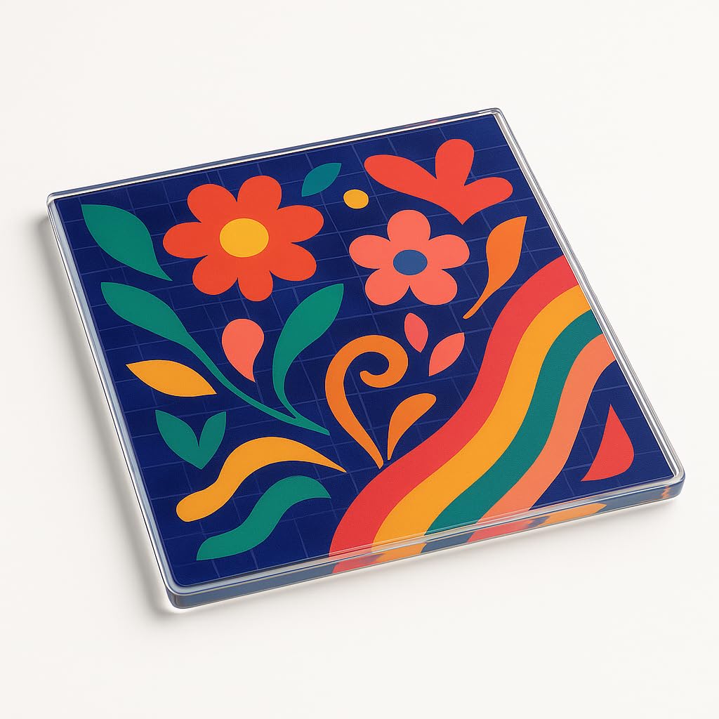 The Plum Penguin Garden Whimsy Acrylic Coaster Gift - Vibrant Floral Design Home Decor Accessory For Outdoor Gatherings