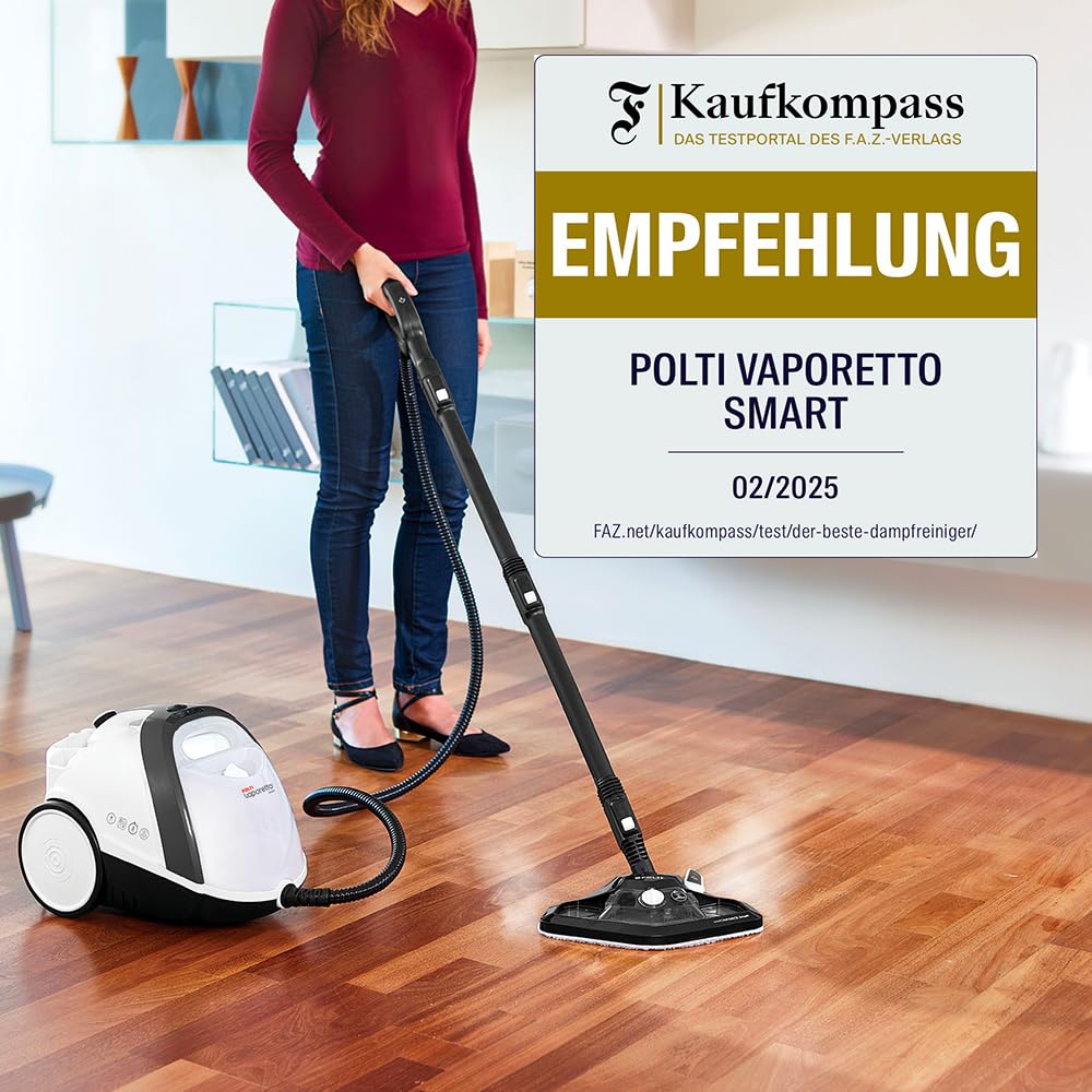 Polti Vaporetto Smart 120, Dampfreiniger mit Kessel, 4 bar Druck, maximale Leistung 1500 W, herausnehmbarer 2-Liter-Tank, Aufheizzeit 2 Minuten, 14 Zubehörteile inklusive, Weiß und Schwarz