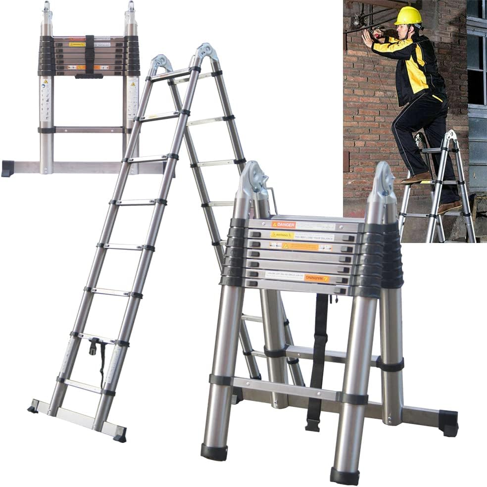 2.5M+2.5M Folding Stainless Steel Telescopic Ladders 16ft AFrame Climb