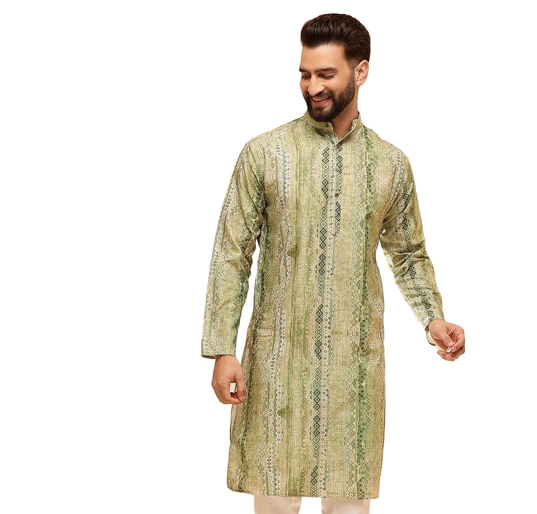 Sojanya (Since 1958 Men's Cotton Silk Green Print Only Long Kurta