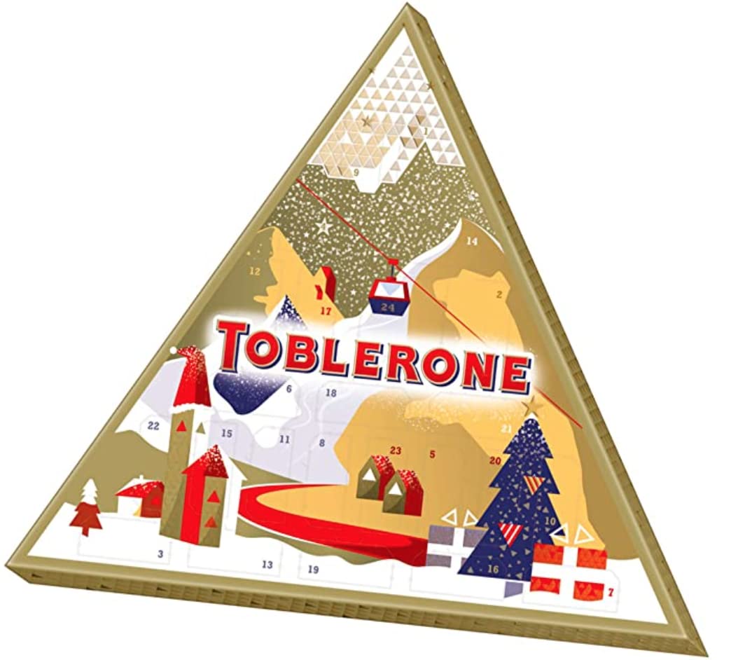Toblerone Calendario de Adviento de 200 g, surtido de chocolates suizos, viene con sombrero de Navidad.