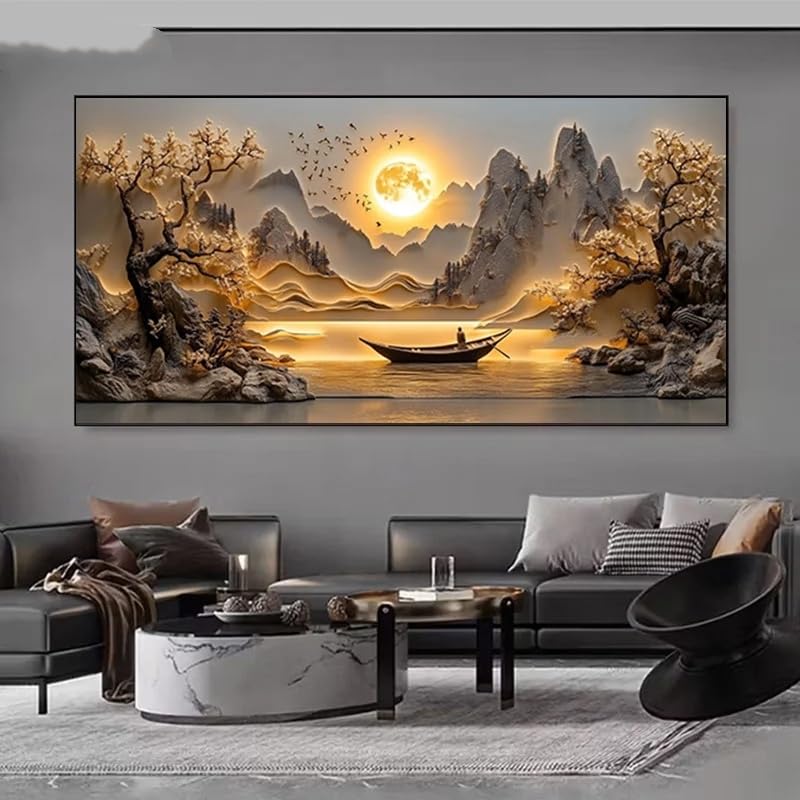 Lienzos con estampados abstractos de montañas doradas en formato vertical de 55 x 110 cm