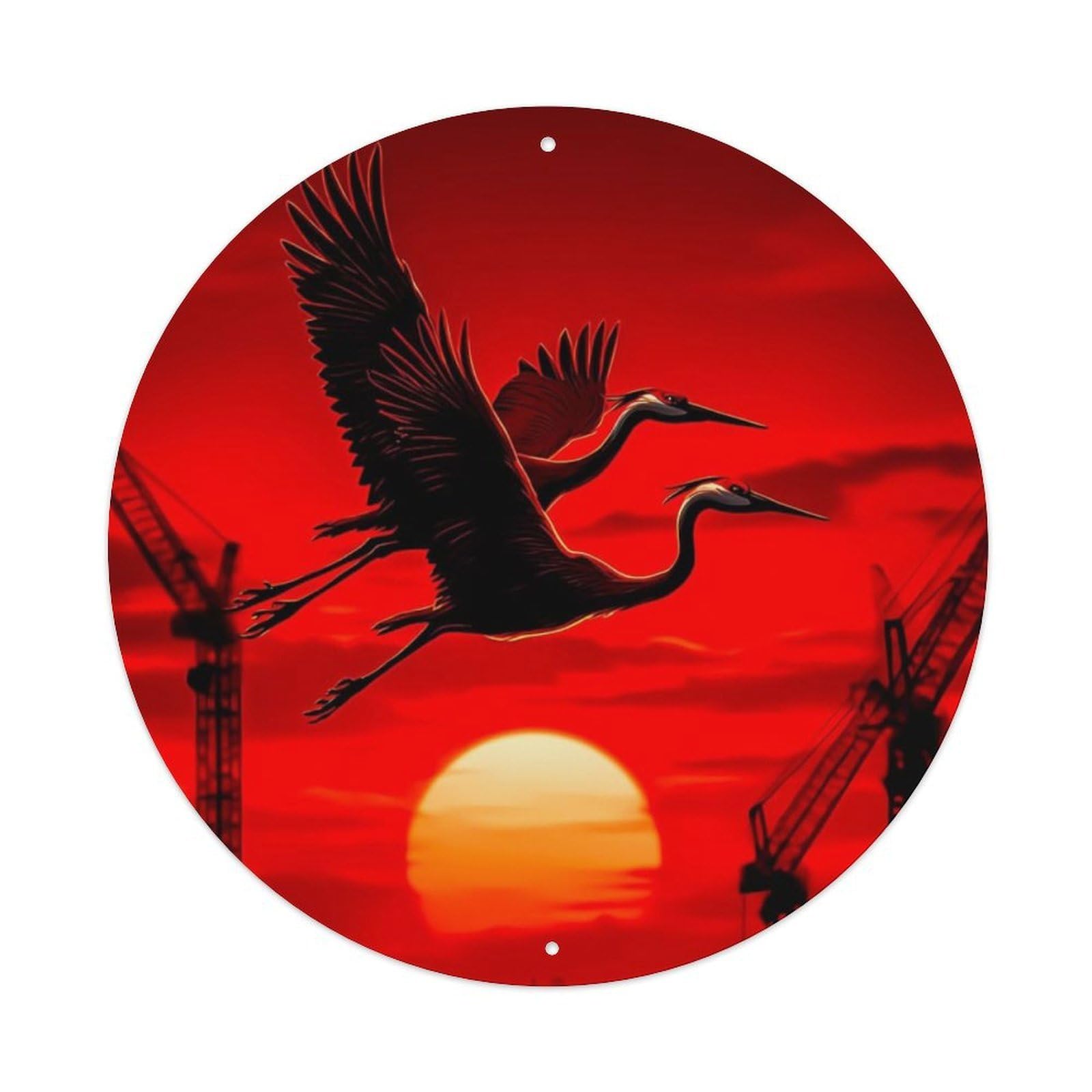 Animal Two Flying Herons City Construction Site Sunset Red Sky Silhouette Vintage Metal Tin Sign Plaque Wall Decor for Cafe, Club Bar, Office, Garden Metal Poster 8x8Inch