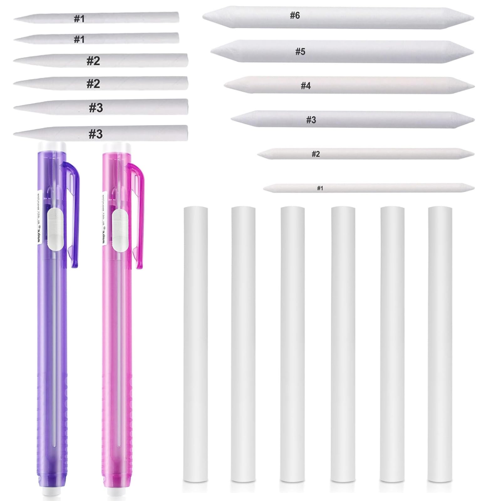 20 Pcs Pen Style Erasers Art Blenders Set, Retractable Mechanical Pens Eraser Set(Purple Pink) 2PCS with 6 Replacement Refills 12PCS White Pens Eraser Set