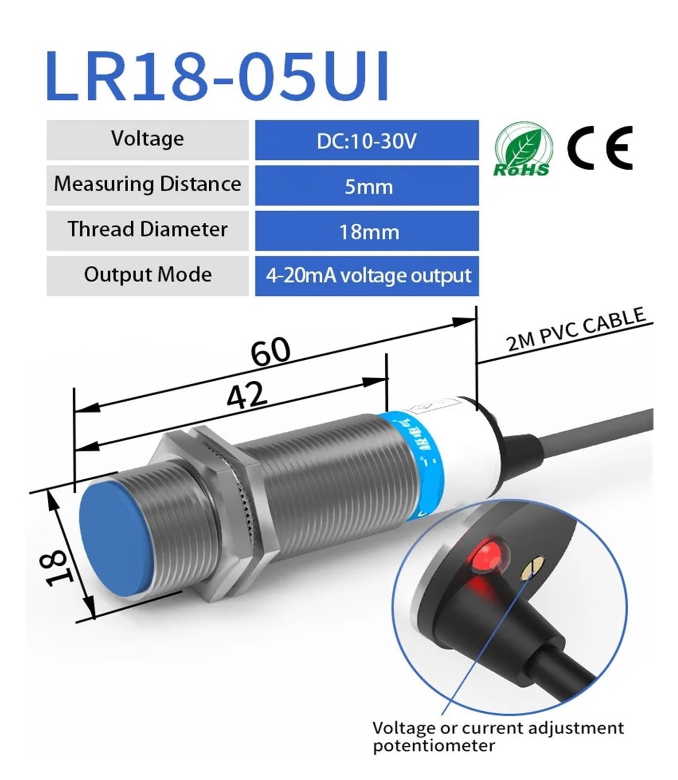 Sensor de proximidad Desplazamiento Lineal analógico M12, M18 y M30, Salida Voltaje 0-10 V o Corriente 4-20 mA, Interruptor detección(M18 5mm Dual Output)