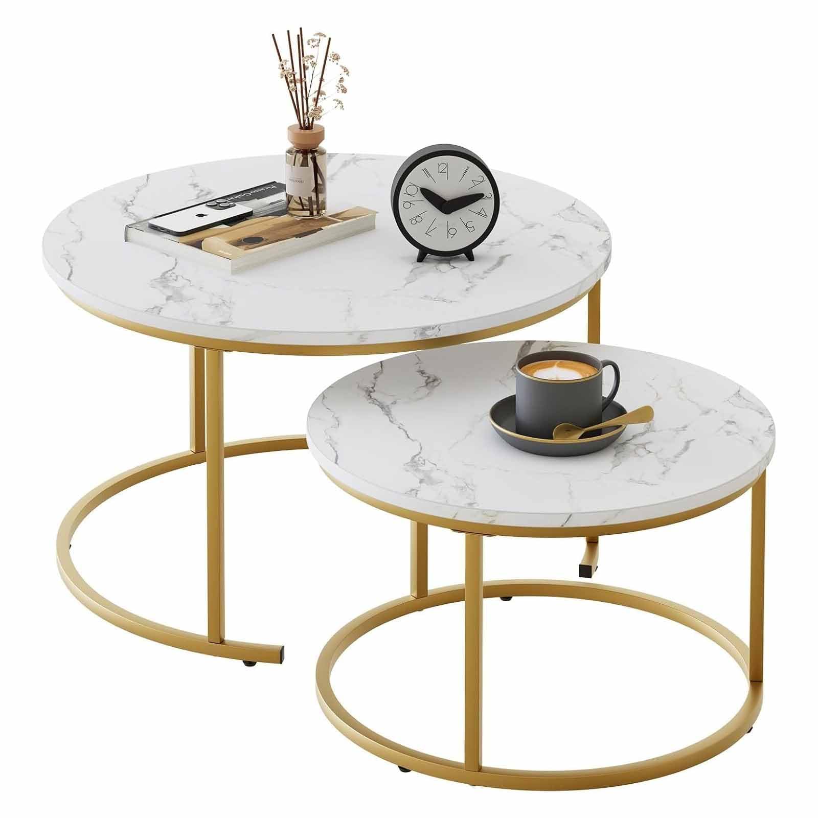SXZenSpace 31.5" Nesting Coffee Table, Large White Faux Marble Gold Side Table Set of 2, Steel Frame Circular And Round Wooden Tables, Living Room Bedroom Apartment Modern for Small Place