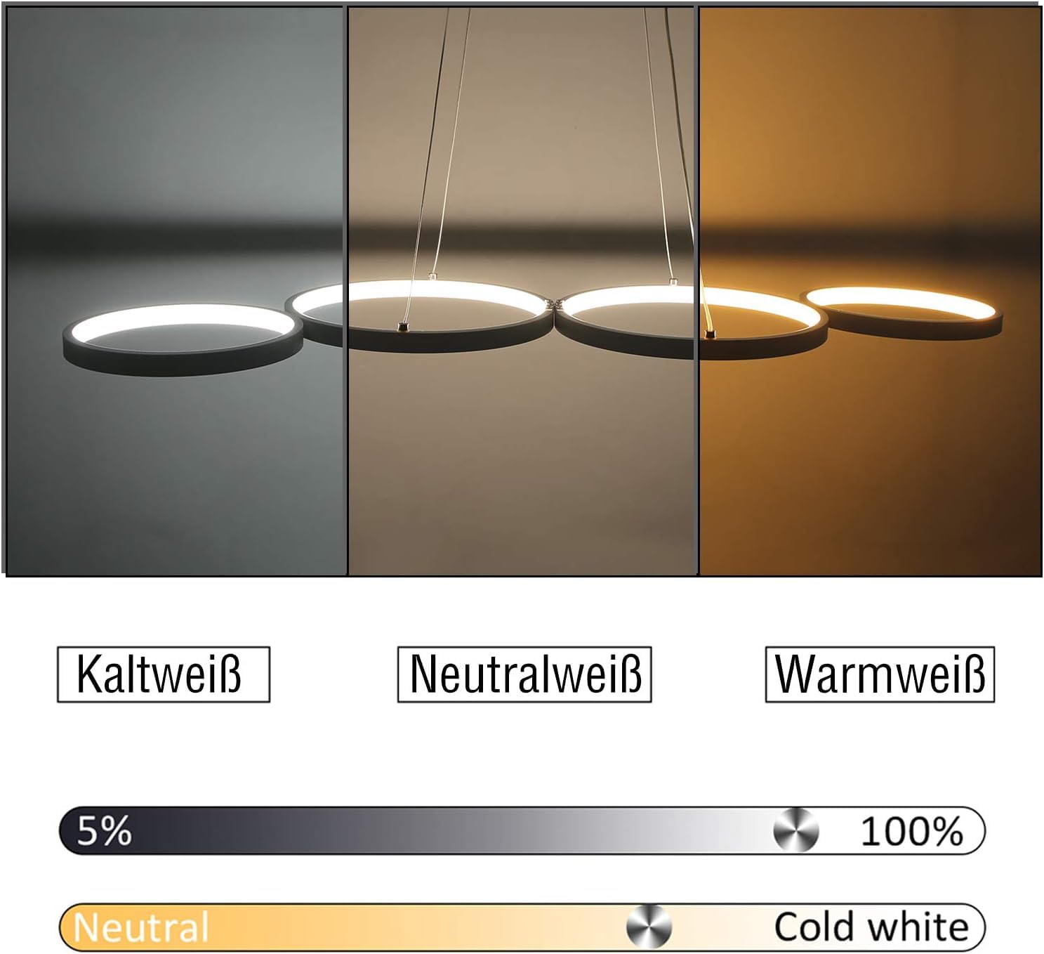 GBLY Lampa wisząca LED do jadalni, 88 cm, biała, nowoczesna, z 4 pierścieniami, ściemniana, z pilotem zdalnego sterowania, do salonu, sypialni