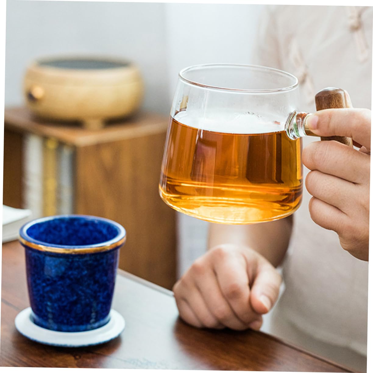 LIFKOME Glas Keramik Teebecher 400ml mit Deckel, Blau für Büro