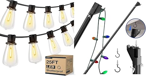 Telescopic Extension Pole for Hanging Outdoor String Lights and Mounting Screw Hooks