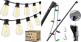 Telescopic Extension Pole for Hanging Outdoor String Lights and Mounting Screw Hooks