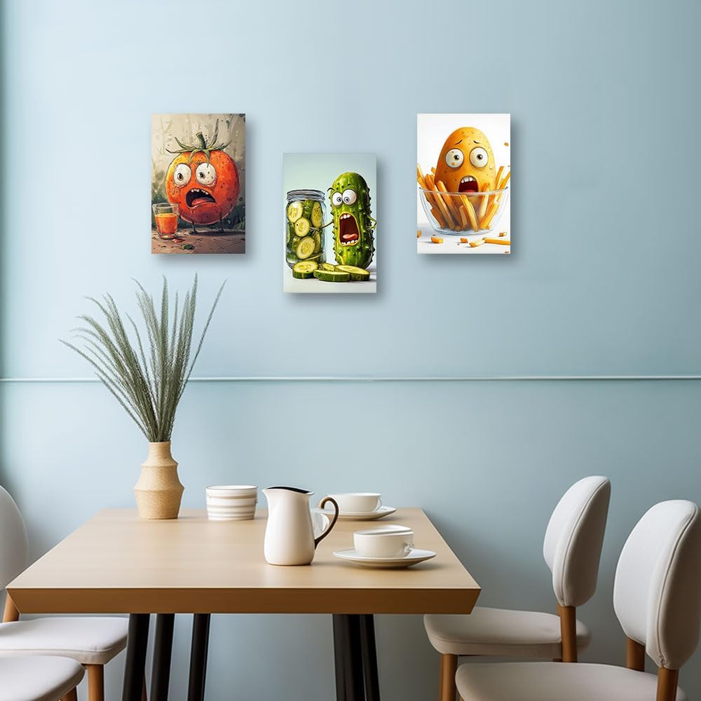 CCWACPP Funny Kitchen Wall Art Vegetable Wall Decor 3 Pieces Potato Tomato Cucumber Pictures Food Canvas Prints Dining Room Kitchen Decor Framed (11x14inchx3Pcs)