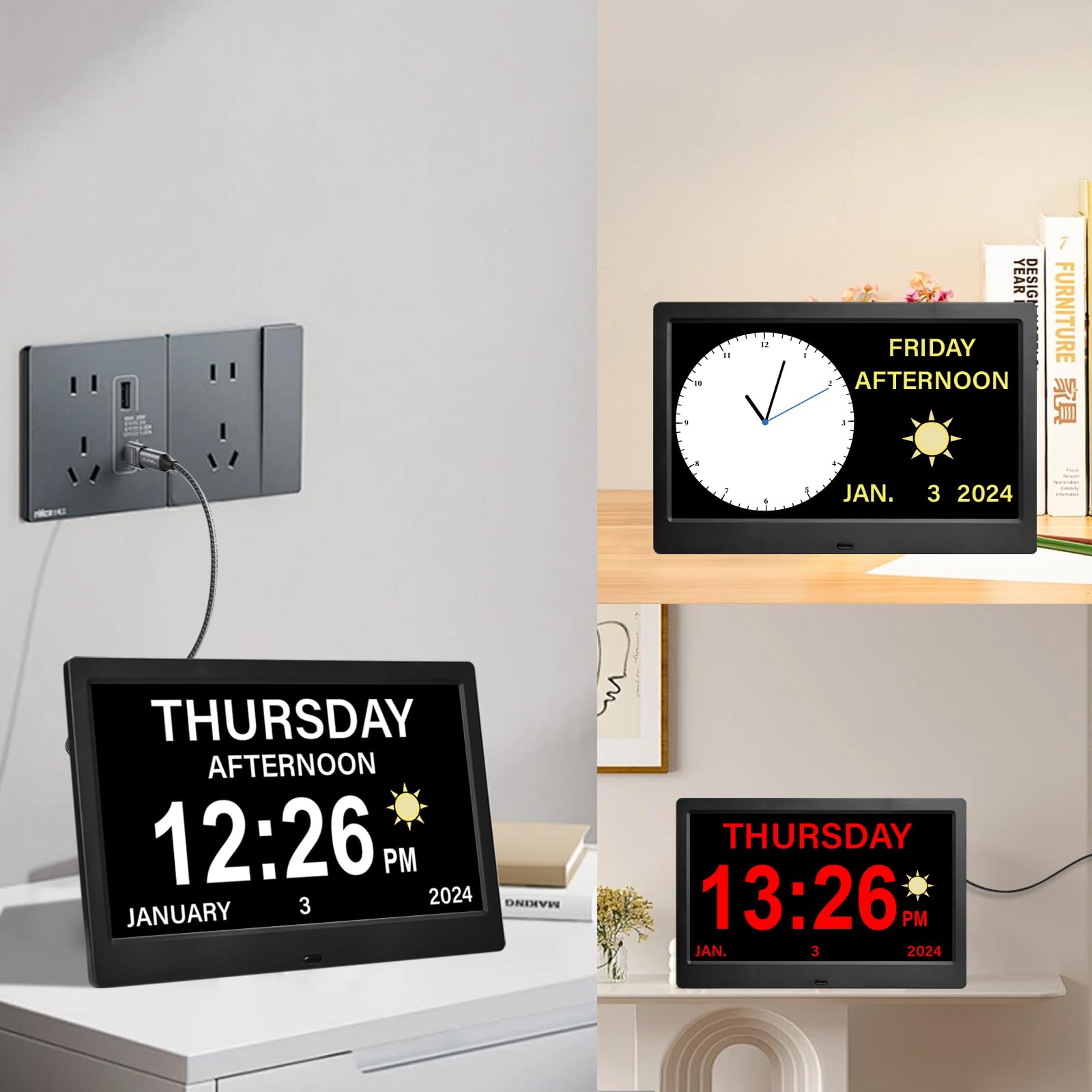 10" Pouce LCD Horloge Numérique Calendrier avec Date Jour Et Heure Horloge Non-Abrégée Auto Dimming 8 Langues HD Display Rappel pour Alzheimer Les Personnes âgées et Les Enfants