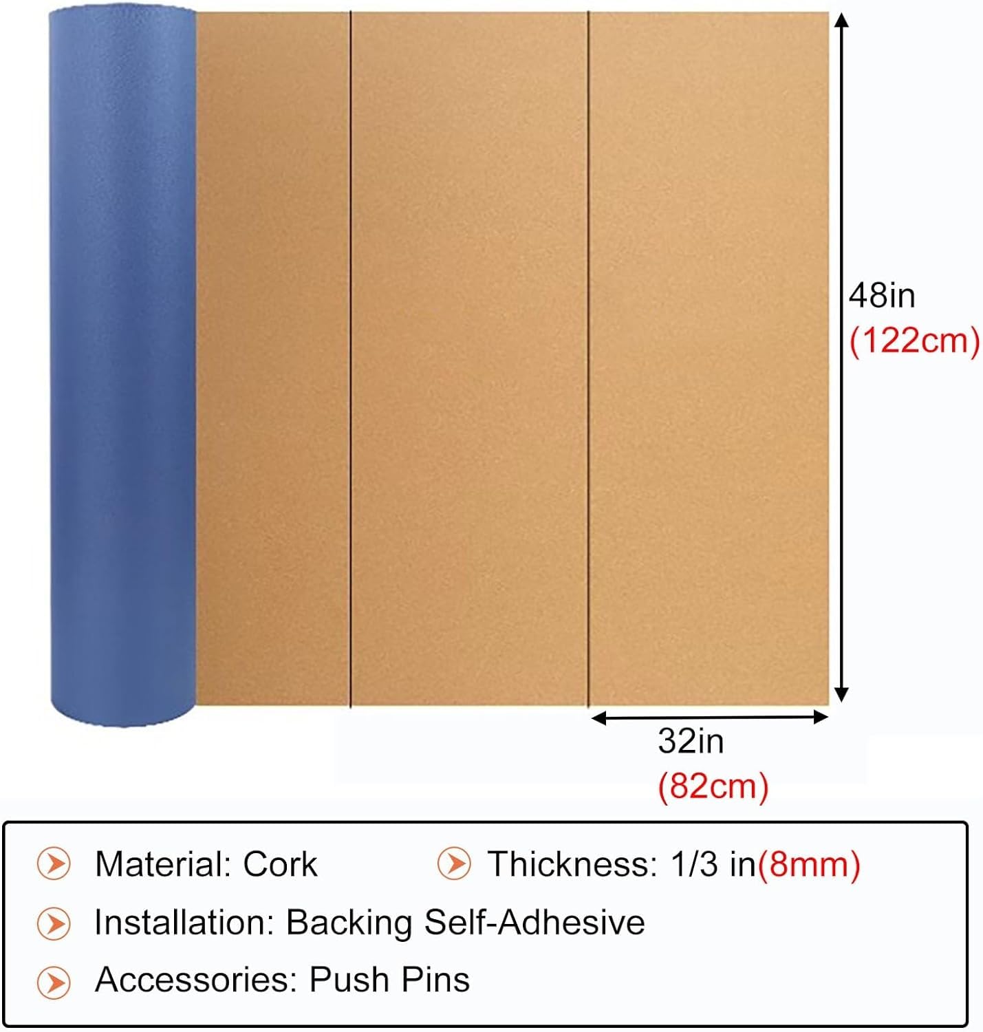 Rouleau de feuille de liège autocollante de 8 mm d'épaisseur pour la décoration de la maison et du bureau, grande taille, 1,22 x 0,82 m, idéal pour les rappels, les notes et les loisirs créatifs