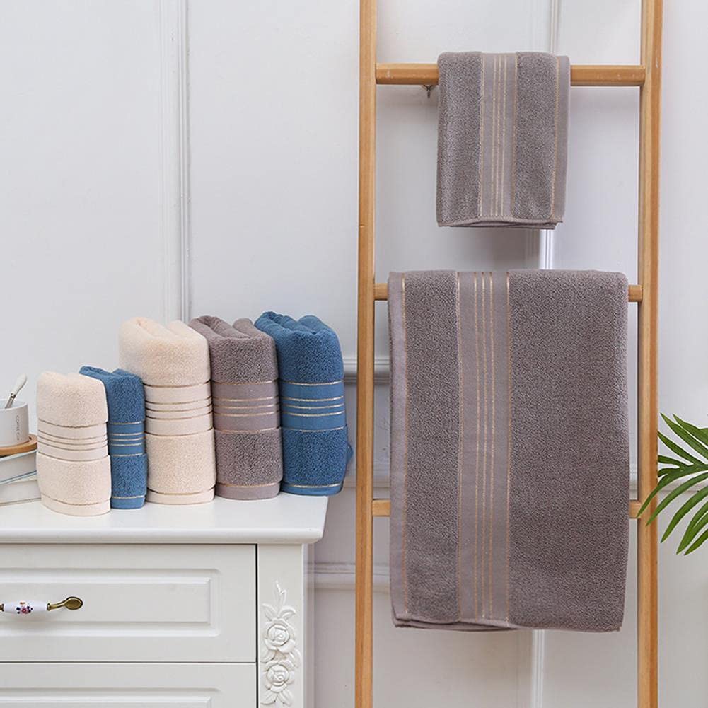 3 Serviette de Bain Drap de Bain en 100% Coton, Grande Taille Douce Luxe et Très Absorbant, pour Douche Natation Salle de Bains Hôtel Voyage (70x140CM, Bleu+Gris+Beige)