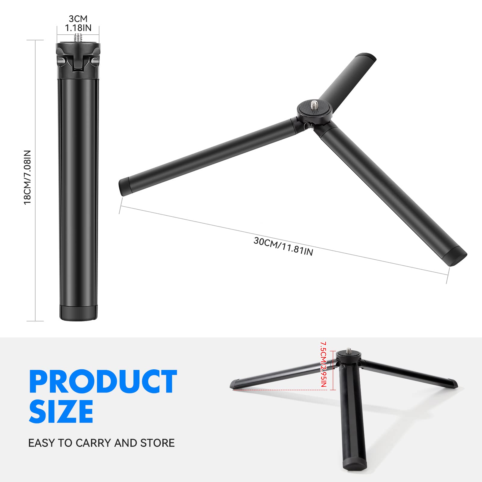Smartfon Mini aluminiowy statyw do aparatu ze śrubą 1/4" statyw stołowy i podróżny stojak do Gopro Kamera internetowa Telefon Gimbal długi 18 cm czarny