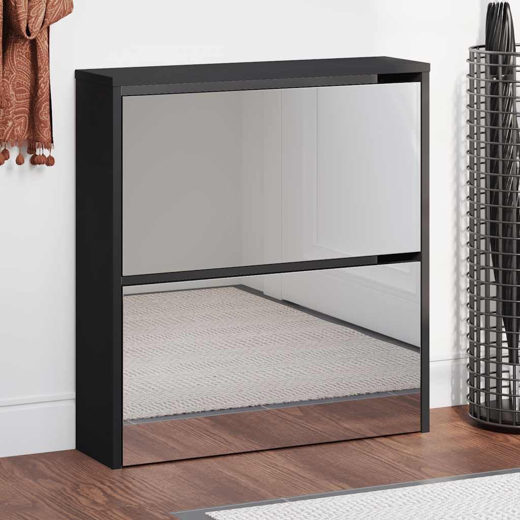 Zapatero con espejo negro de madera 63 x 17 x 67 cm, 2 compartimentos basculantes para pasillo y pasillo, ahorra espacio, estrecho, con espacio de almacenamiento para 6-8 pares de zapatos