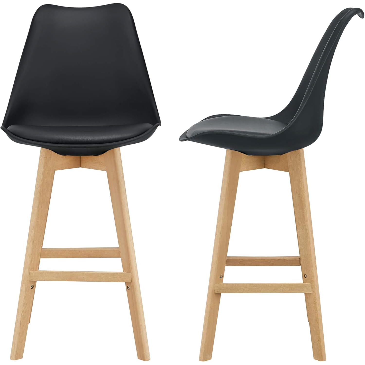 Taburete Alto Cocina con Respaldo, Asiento Blando y Tapizado, Patas Altas Resistentes de Madera de Haya con Reposapiés, Sillas Nórdicas, Negro, 2 Unidades