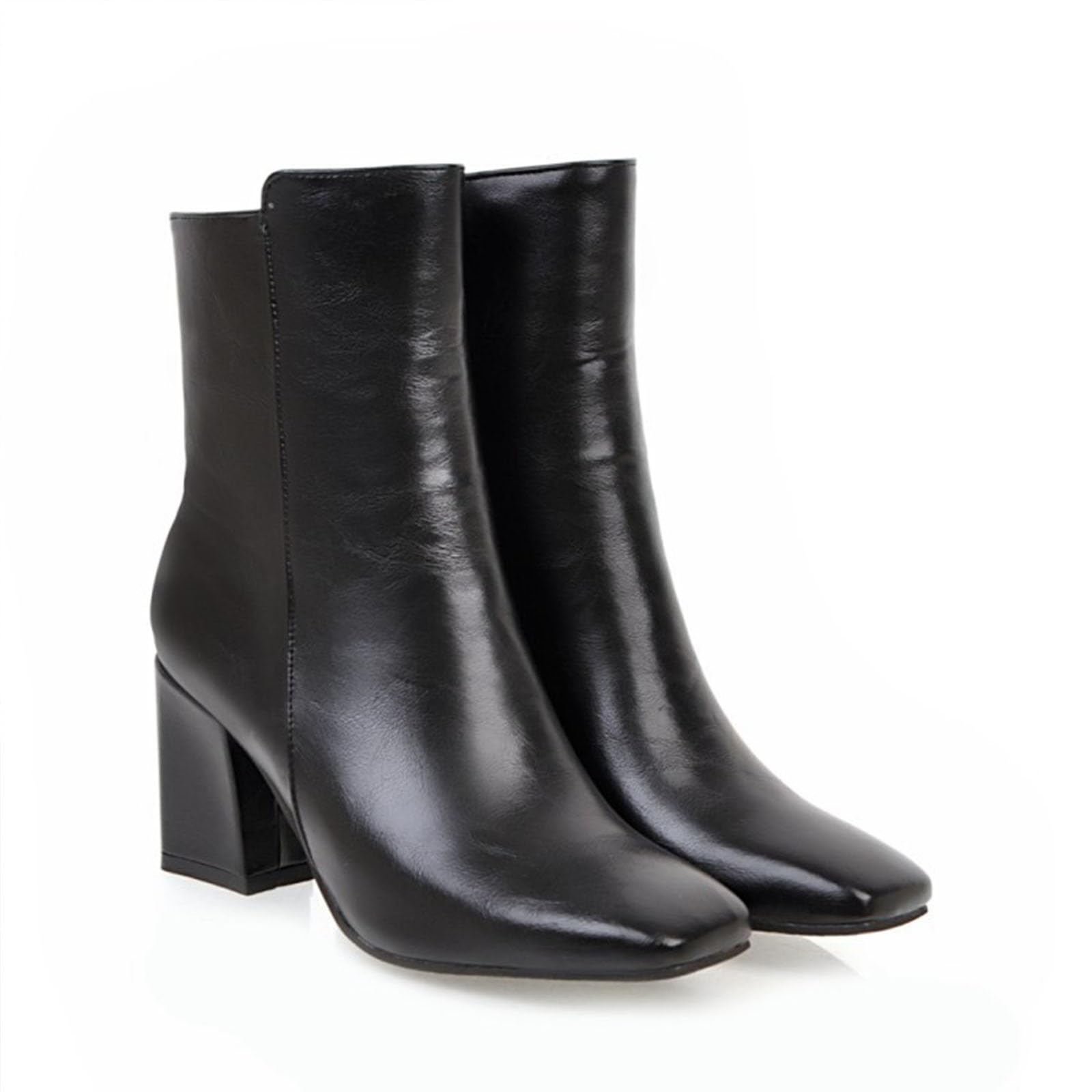 Dress Ankle Boots for Women Leather Square Toe Chunky Heel Gogo Short Booties with Side Zipper Fashion Comfortable