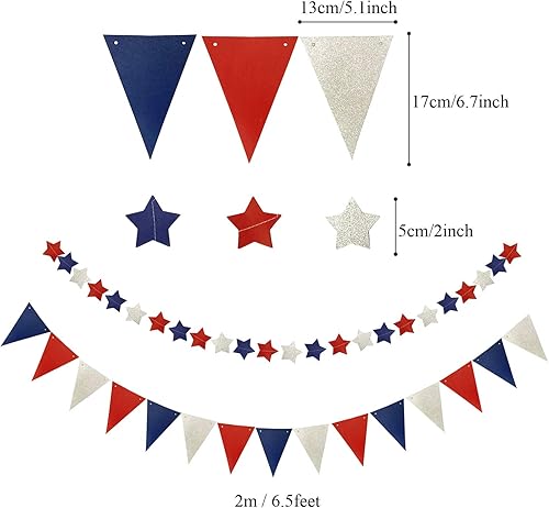 Miniatura 5 de ZERODECO Suministros de fiesta de Estados Unidos, juego de abanicos de papel azul marino y rojo, con pompones de estrella, remolinos colgantes,