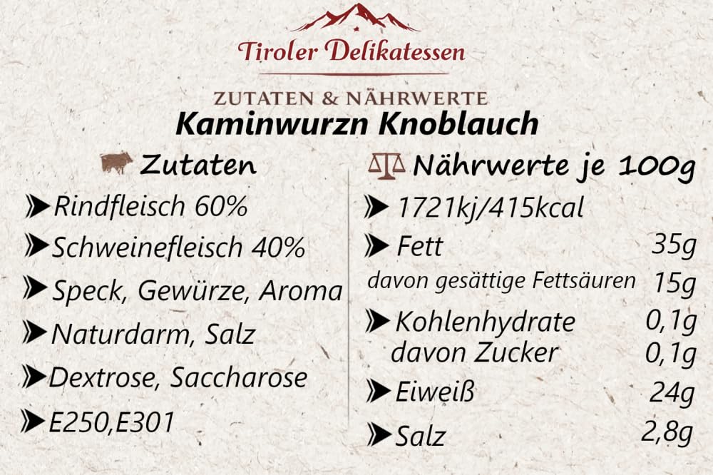 Almgourmet - Kitzbüheler Kaminwurzen mit Knoblauch - 12 Stück - knackige Rohwürste aus Rindfleisch - mit angenehmer Knoblauchnote