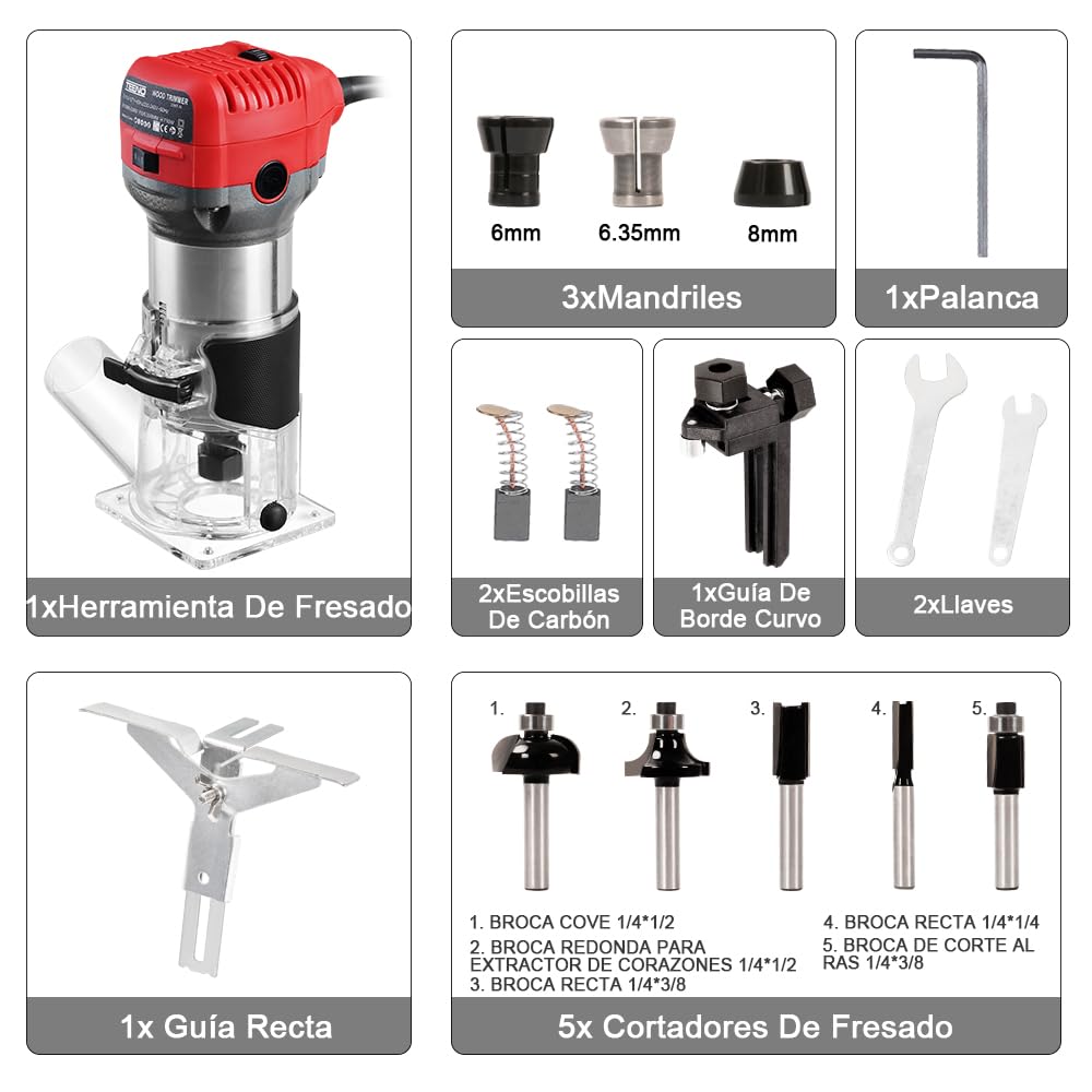 TEENO Fresadora De Madera Rebajadora Eléctrica 800W 13000-33000 RPM CON EXTRACTOR DE POLVO,5 piezas 1/4'' Alicates, 6 Velocidades Variables, Pinza De Base Fija De 6/6.35/8MM,Con Bolsa de lona