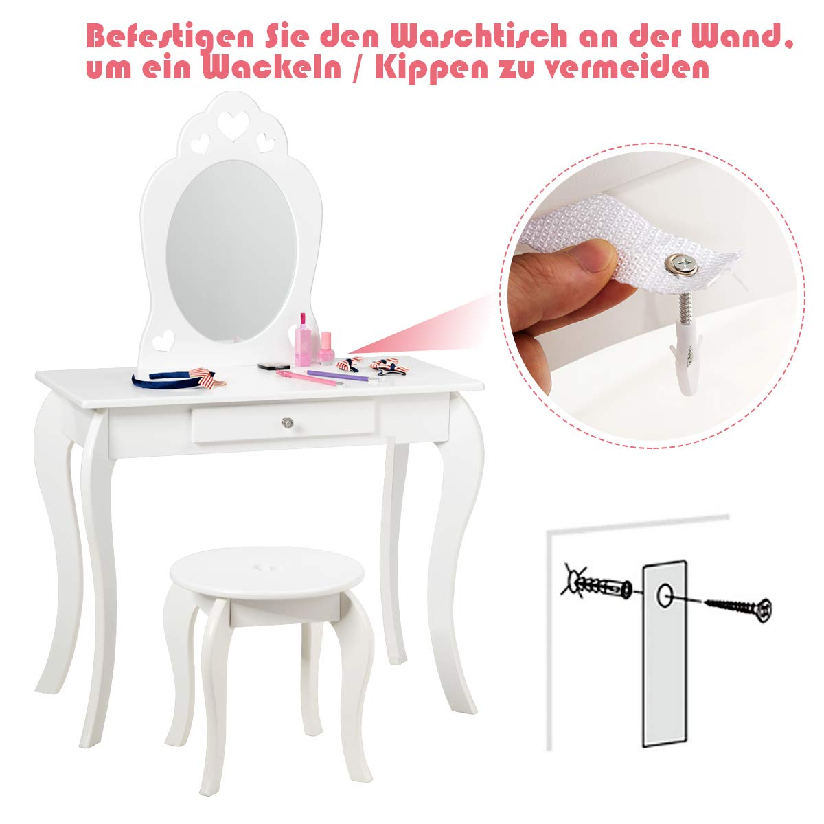 DREAMADE Schminktisch Kinder mit Hocker und Abnehmbarer Spiegel, Prinzessin Frisiertisch aus Holz mit Antikipp-Schutz, Kinderschminktisch für Kinder Mädchen (Weiß)