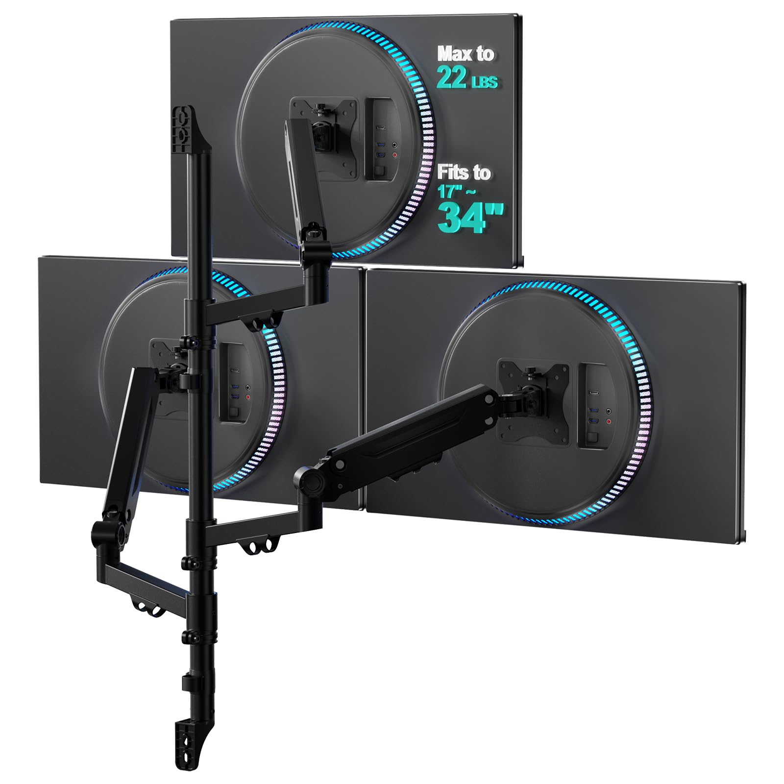 WALI Triple Monitor Wall Mount for 17-34 inch Screens, 22lbs per Arm, Black
