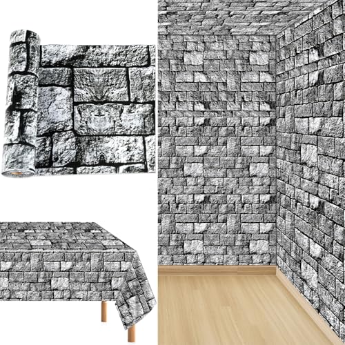 Image of party greeting Brick Stone Wall Tablecloth Roll Disposable Stone Wrapping Plastic Table Cover Castle Backdrop for Halloween Western Birthday Medieval Party Decoration Favors Supplies 200FT x 51 Inch